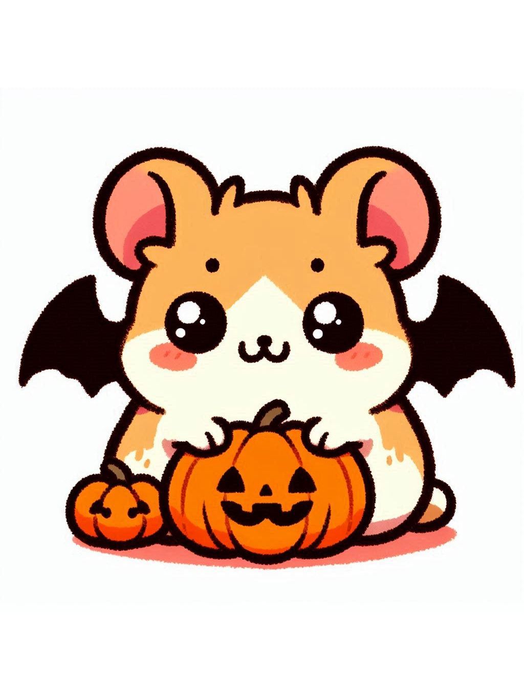 Halloween cute animals drawings featuring a chubby hamster with bat wings sitting next to small smiling pumpkins.